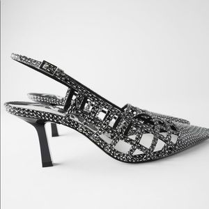 Zara Black and White Woven Slingback Kitten Heels